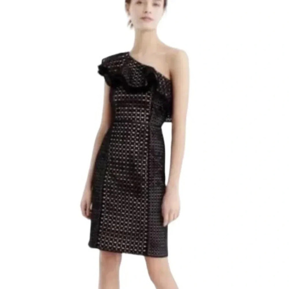 J. Crew Collection One-Shoulder Ruffle Dress Black In Eyelet Size 2 NWT - Picture 2 of 11